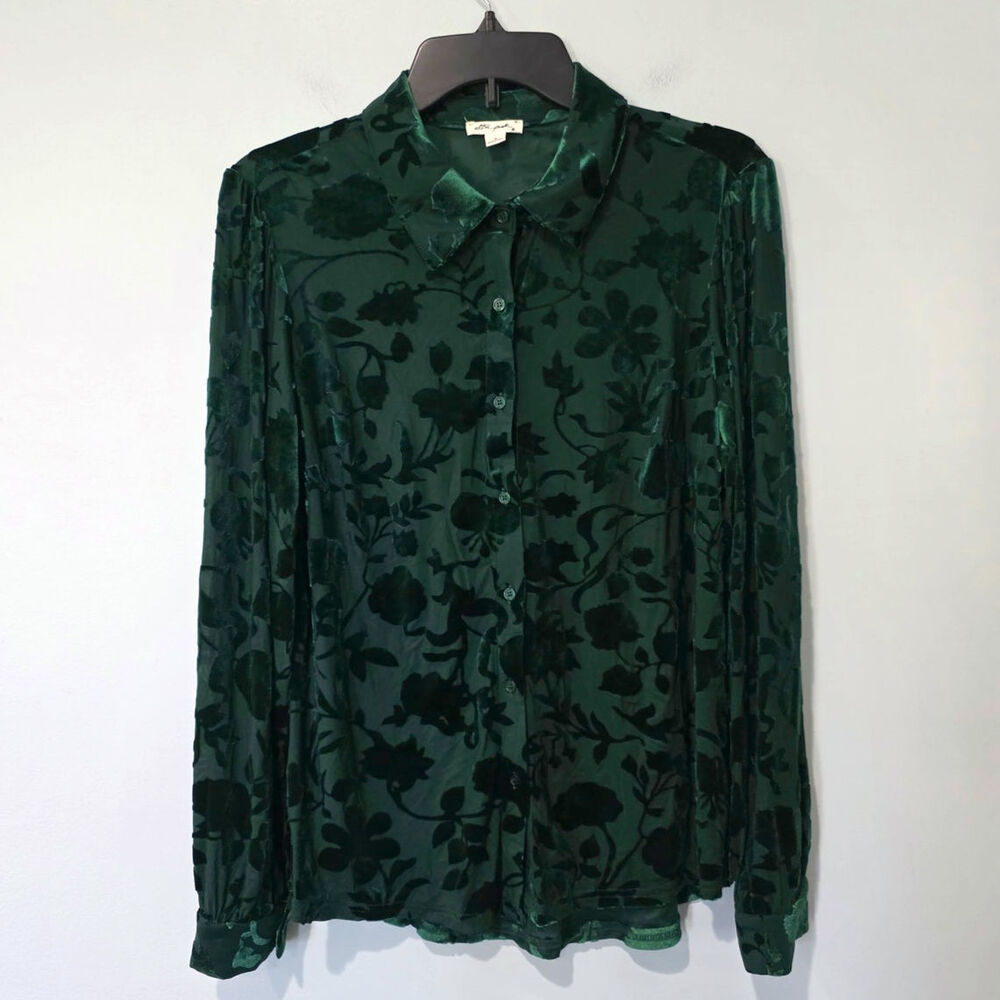 Ultra Pink Velvet Burnout Top Women's Medium Green Floral Long Sleeve